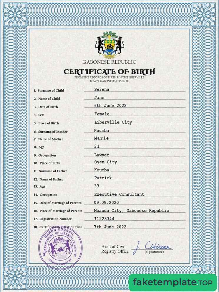 Feature of fake Gabon birth certificate example template